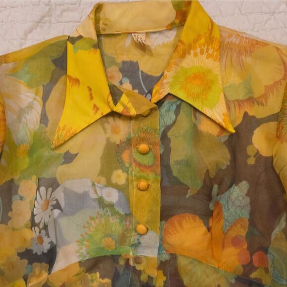 70s VTG Yellow Floral Maxi Dress + Sheer Coat Set Boho Cottagecore Festival Gown - Picture 10 of 15